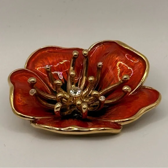 Vintage Monet Poppy Brooch β’ Red-Orange Enamel + Rhinestones β’ 2β β’ Signed - Picture 15 of 16